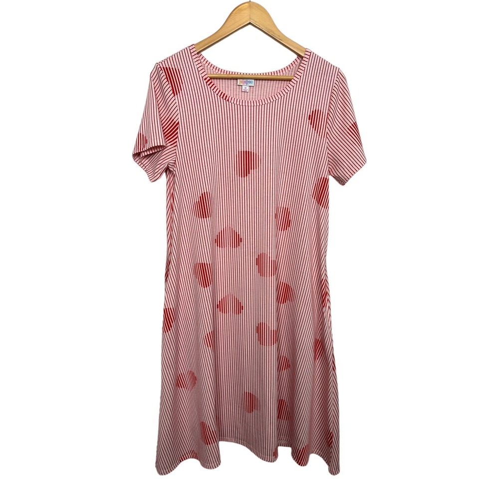 Lularoe Women's Size Medium White Red Strips Red Heart Short Sleeve Dress Midi